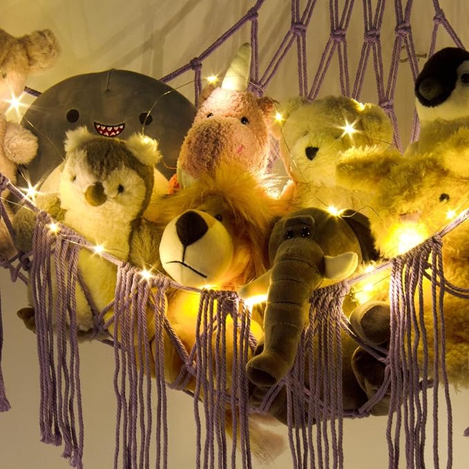 RelaxScene Stuffed Animal Storage Hammock Corner X-Large with LED Light - Baby Hammock Hanging Holder Plushies Net for Stuff Animals Organizer - Cute Room Decor Aesthetic Kids Toddler Nursery Bedroom