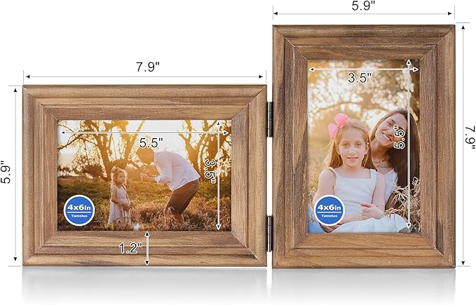 4x6 Double Hinged Picture Frame Folding Photo Frame Horizontal and Vertical in Distressed Farmhouse Wood Grain Pine Wood with Real Glass for Tabletop X2-MU-HS46