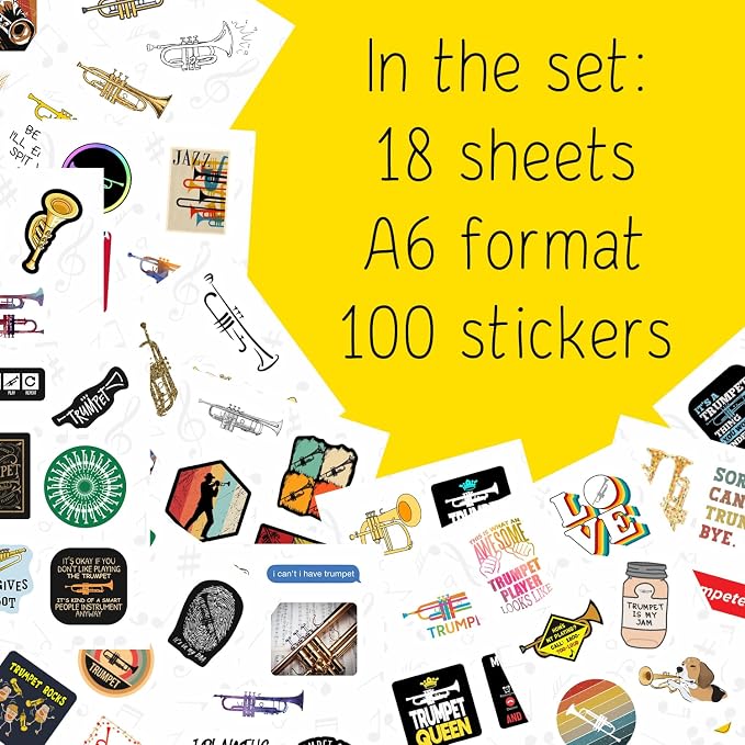 100Pcs Trumpet Stickers for Water Bottle and Laptop - Musical Party Supplies & Decorations, Waterproof Vinyl Instrument Decals, Trumpet and Jazz Stickers Laptop Decals, Gifts for Women & Men