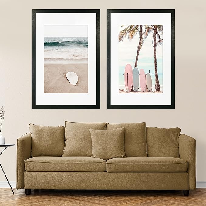 24x30 Frame Set of 2, Rustic Black Wood Style - Display 18x24 Picture Frame with Mat or 24 x 30 Poster without Mat, Wall Mounting Horizontal and Vertical
