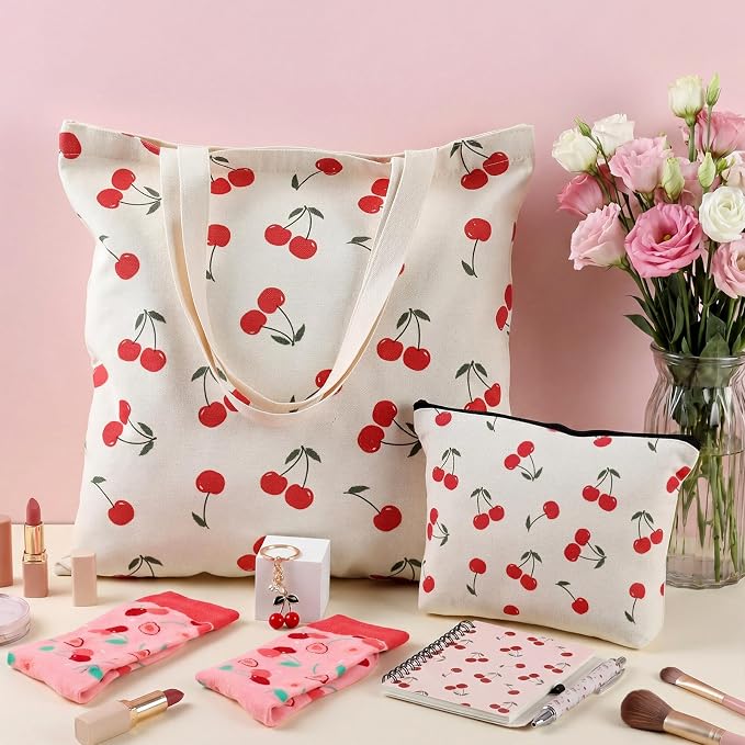 Talltalk 6 Pcs Cherry Gifts for Women Cherry Lover Gift Set, Socks Canvas Bag Makeup Bag Spiral Notebook Ballpoint Pen and Stainless Steel Keychain for Christmas Birthday Graduation Thanksgiving