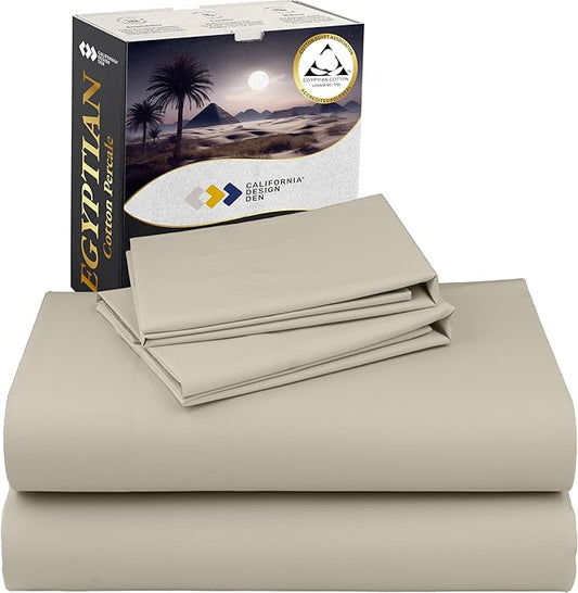 California Design Den Certified 100% Egyptian Cotton Sheets California King Size Set - Lightweight Percale California King Sheet Set with Deep Pockets, Cool, Crisp & Durable Luxury Bedding Set - Beige