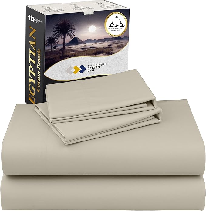California Design Den Certified 100% Egyptian Cotton Percale Sheets Queen Size Set - Lightweight, Deep Pocket Queen Cotton Sheet Set, Cool, Crisp & Durable Luxury Bedding Set - Beige