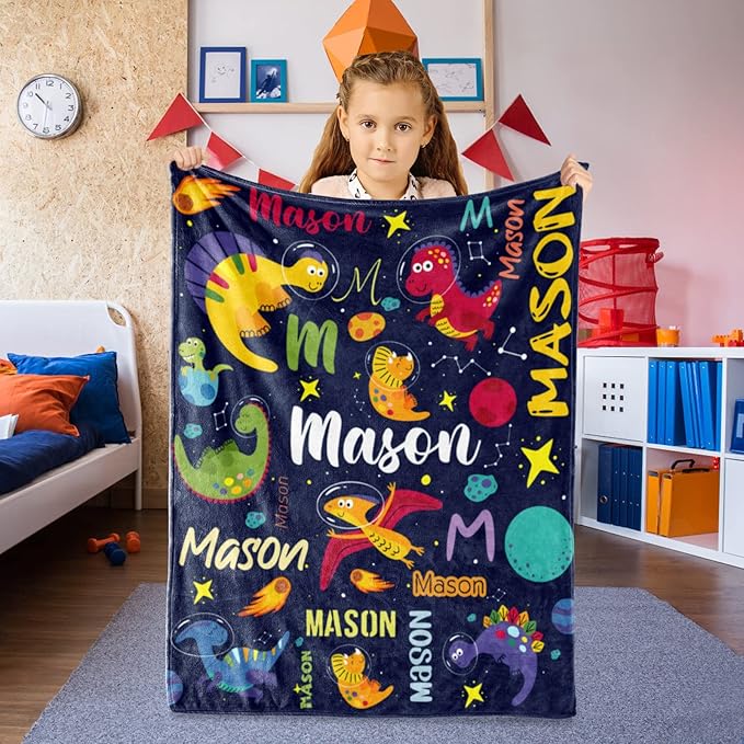 Personalized Dinosaur Blanket for Boys, Custom Name Blanket for Kids Dino Outspace, Soft Flannel Dinosaur Toddler Blanket Customized Gift for Birthday Christmas Baby Shower, Newborn Gift 30" X 40"