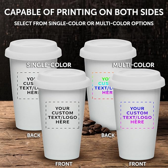 Personalized 11 oz. Double Wall Ceramic Tumblers with Lid - 24 Pack - Custom Text, Logo - White