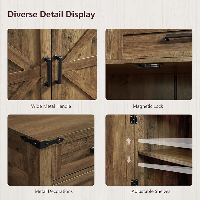 usikey 61" Large Buffet Cabinet with 4 Doors and 3 Drawers, Farmhouse Buffet Sideboard Cabinet with Storage, Coffee Bar Wine Bar for Living Room, Honey Brown