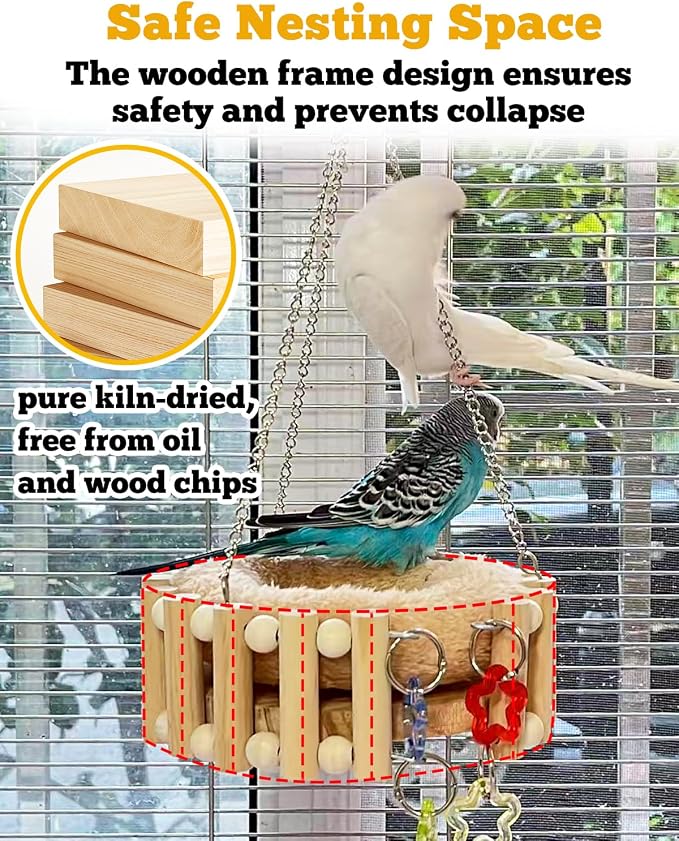 Wooden Bird Sleep Nest, Open Hammock with Toys for Small Birds | Kiln-Dried Wood Cage Bed with Detachable Cotton Pad, All-Season Comfort for Small Sized Birds Budgies Lovebirds Finch Canary