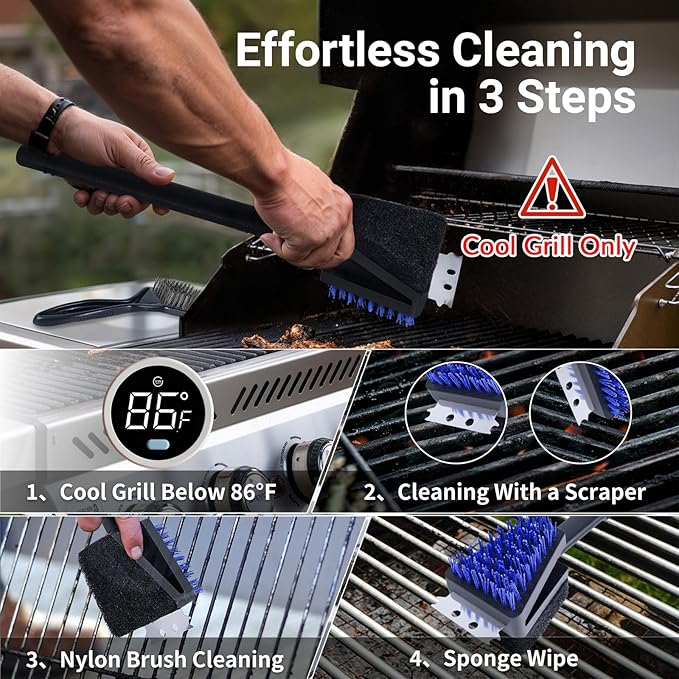 Nylon Grill Brush Cleaning Kit, No Wire Bristle BBQ Brush with Scraper, Safe Barbecue Cleaning Kit for Gas Charcoal Grill Grates, Heat Resistant Outdoor Grill Cleaner, Gift for Men Dad 2-Piece Set