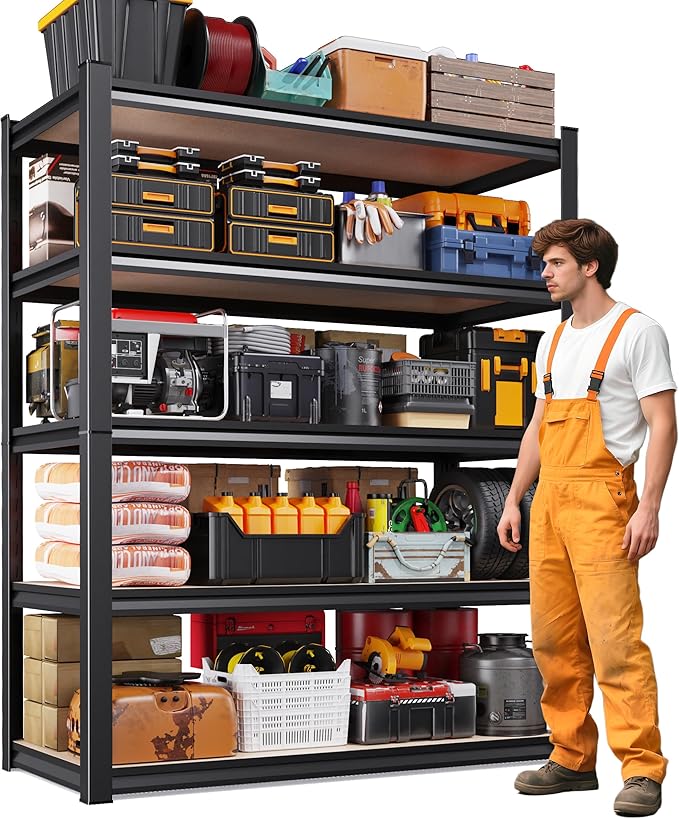 78" H Storage Shelves, 5-Tier Garage Shelving Heavy Duty, Home Storage Rack, Utility Metal Shelf, Adjustable Shelving Unit, for Dorm, Basement, Kitchen,19.7" D x 45.6" W x 78" H, Black