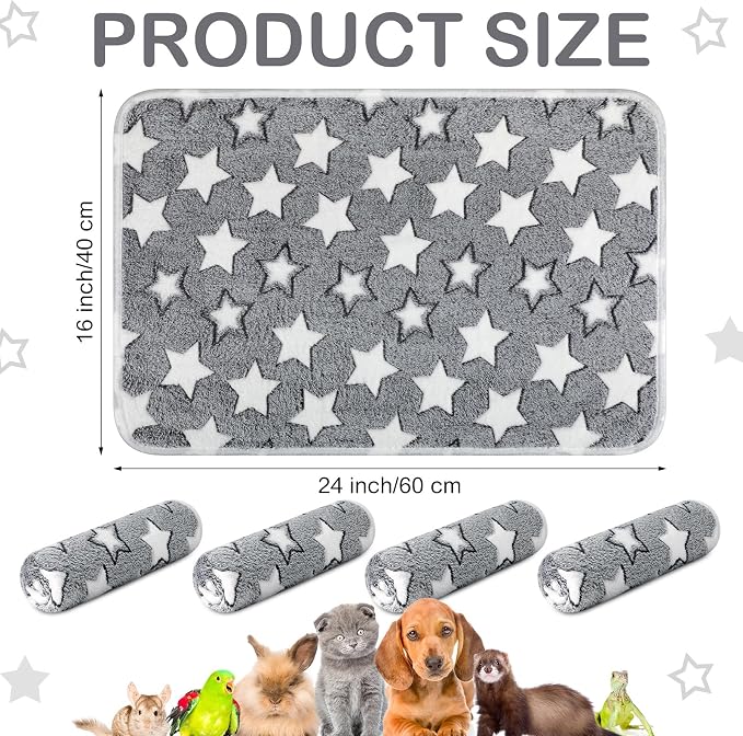 Reginary 4 Pcs Guinea Pig Fleece Blankets, Gray Star, 24 x 16 Inch | Waterproof Washable Cage Liners, Absorbent Double Layer Bedding for Guinea Pigs, Reusable Pads for Hamsters Rabbits