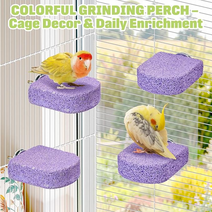BNOSDM 4 Pcs Purple Bird Beak Grinding Stone Calcium Parrot Perch 3.1*2.6in | Natural Volcanic Lava Stone, Mineral Block, Birds cage platform for Parakeets Cockatiels Conures,Biting Toys for Small Bird