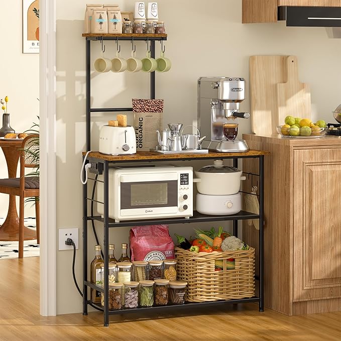 3IngSeagulls 4-Tier Bakers Rack with Power Outlet, 33 Inch Kitchen Microwave Stand with 6 S-Shaped Hooks, Coffee Bar Station with Adjustable Shelf, Rustic Brown