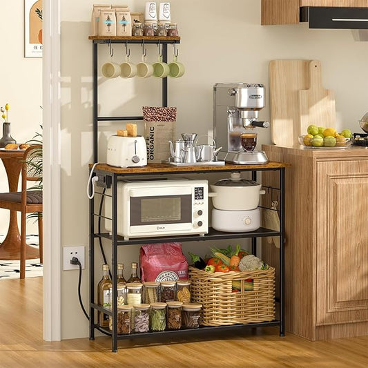 3IngSeagulls 4-Tier Bakers Rack with Power Outlet, 33 Inch Kitchen Microwave Stand with 6 S-Shaped Hooks, Coffee Bar Station with Adjustable Shelf, Rustic Brown
