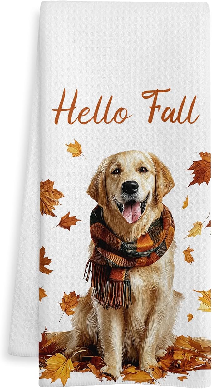 Fall Golden Retriever Kitchen Towels, Golden Retriever Lover Gifts Dish Tea Towel for Kitchen Decor, Farmhouse Fall Autumn Maple Leaf Dog Hand Towels for Bathroom Decor, 16x24 Inch