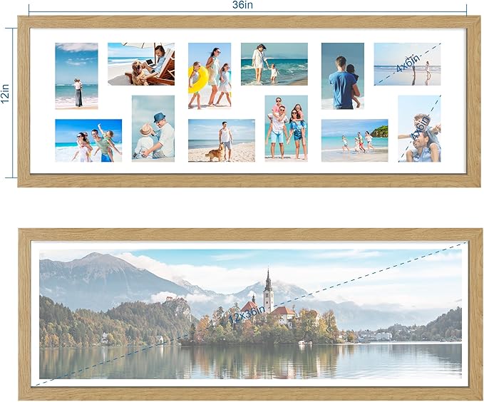 12x36 Picture Frame 2 Packs, Real Glass and Natural Oak Wood Frame, Display Collage Pictures Twelve 4x6 With Mat or Pennant 12 x 36 Without Mat - Horizontal or Vertical Wall Mounting