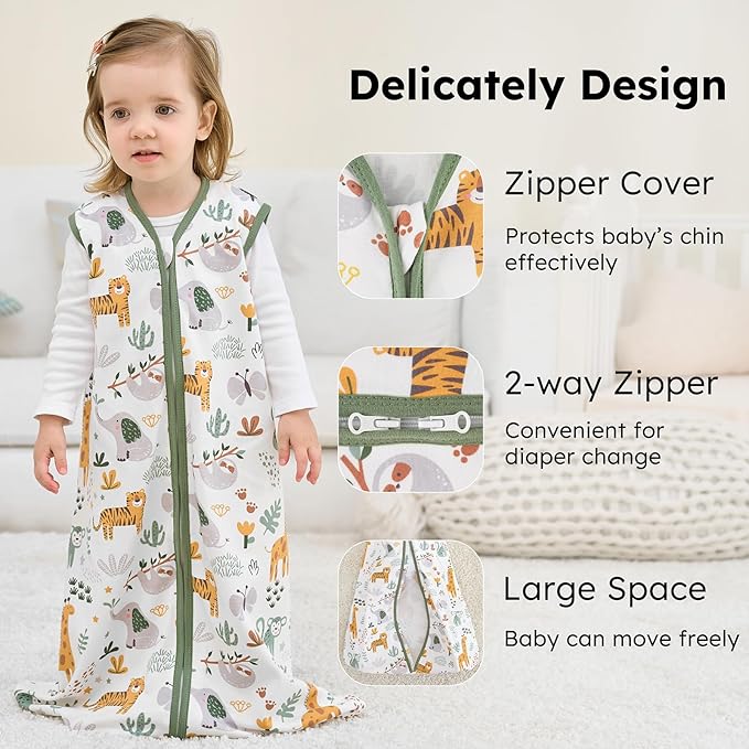 Baby Sleep Sack 18-24 months, 100% Cotton Sleeping Sack for Newborn and Infant, 3 Pack Baby Wearable Blanket for Boy and Girl, 0.5 Tog Lightweight Double Zipper Sleep Bag Green Brown Giraffe