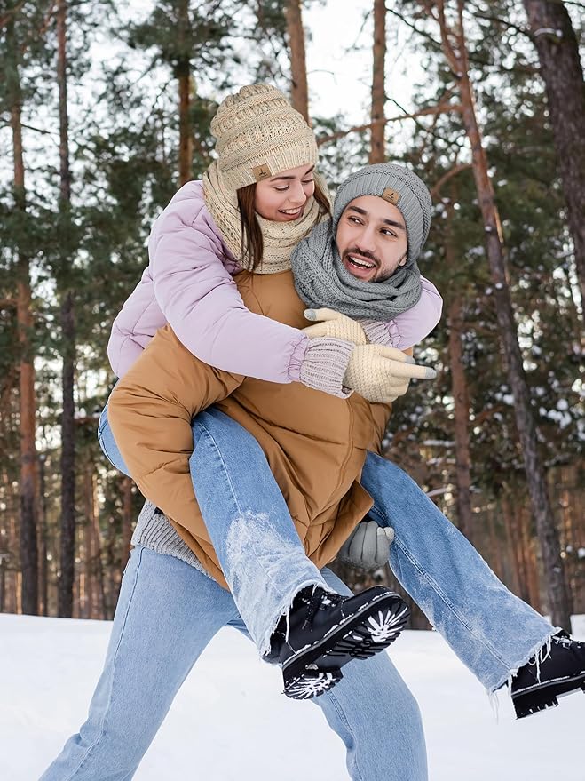 Winter Beanie Hat Scarf Gloves, Warm Fleece Knit Hats Touch Screen Gloves Neck Scarf Set Winter Gifts for Unisex Adult