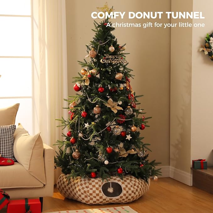 PEQULTI Brown Donut Cat Tunnel Bed Washable Plush Mat Multi for Small Pets | Round play tube with soft detachable plush mat, multi-pet toy fit indoor cats, kittens, puppies, rabbits and ferrets