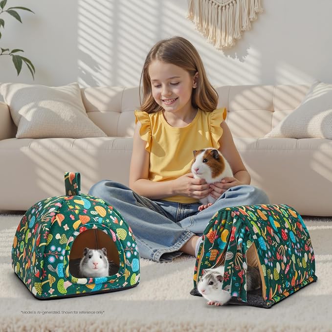 Guinea Pig Hideout Soft Large Bed Tunnel with Door Curtain 2 Pack Guinea Pig Toys Set Bunny Bed Cage Accessories for Small Animals (Blackish Green Mushroom)