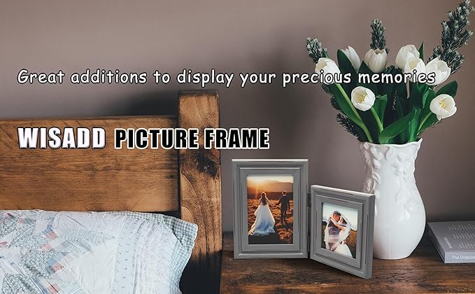 Horizontal & Verticall 4X6 Picture Frames Double Hinged Wood Folding Photo Frames with Real Glass Front Fit for Desktop or Tabletop, Teal Blue XLAN-H64-V46