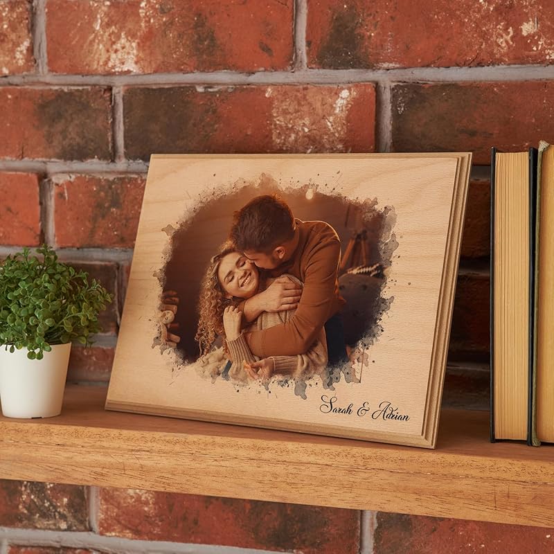 udelf Custom Photo on Wood with Text Personalization, Engraved Photo with Watercolor Style, Rustic Cottage Wall Art