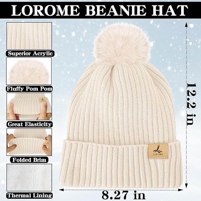 LOROME Women Winter Beanie Hat Scarf Gloves Set, Fleece Knitted Pompom Hat Warm Neck Scarf Touchscreen Gloves Winter Gift