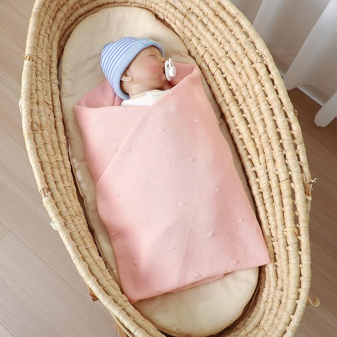 Neiwech Cotton Baby Blanket Knit Soft Cozy Lightweight Crib Stroller Nursery Receiving Swaddling Blankets for Newborn Infants Boys Girls Pink 30x40 Inch