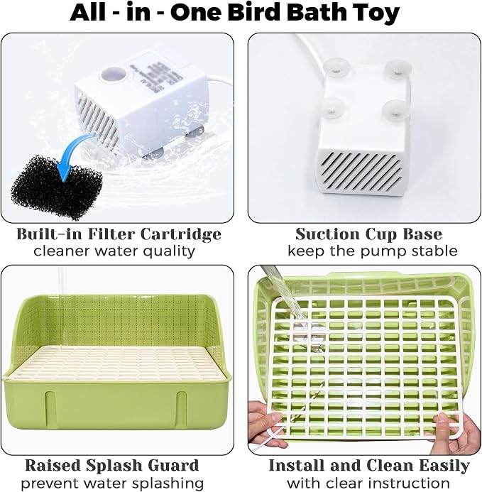 Automatic Parakeet Bird Bath with Pump, Large Bird Shower Fountain | Indoor Bathtub with Running Water, Parrot Bath Tub Faucet for Pet Birds, Cockatiel, African Grey, Budgie, Conure, Lovebird