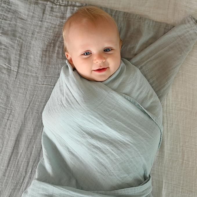 Muslin Swaddle Blankets, Baby Swaddle Blanket, Large 47 x 47 inches Muslin Baby Blanket wrap for Baby Boys and Girls, 4 Pack, Solid Color, Grey Blue White Green