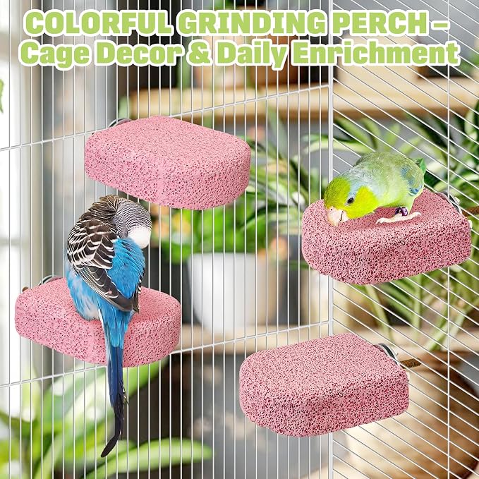 BNOSDM 4 Pcs Pink Bird Beak Grinding Stone Calcium Parrot Perch 3.1 * 2.6in | Natural Volcanic Lava Stone, Mineral Block, Birds cage platform for Parakeets Cockatiels Conures,Biting Toys for Small Bird