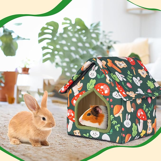 Guinea Pig Hideout, Foldable Guinea Pig House with Non-Slip Bottom & Removable Pad, Soft & Washable Bunny Bed for Hamsters Dwarf Rabbits Ferret Hedgehogs and Other Small Animals