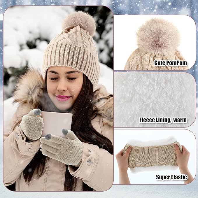 SATINIOR 5 Pcs Winter Hat Scarf Gloves Set Fleece Warm Lined Knit Beanie Hat Touch Screen Earmuff Gloves Warmer for Women(Beige,Rhombus Pattern)