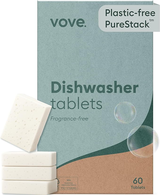 Vove Plastic-Free Dishwasher Tablets, 60 Pack - All-in-One Plant-Based Formula with 2x Enzyme Power - Tackles Stubborn Stains, No Pre-Rinse Needed, Biodegradable & Concentrated, Fragrance-Free