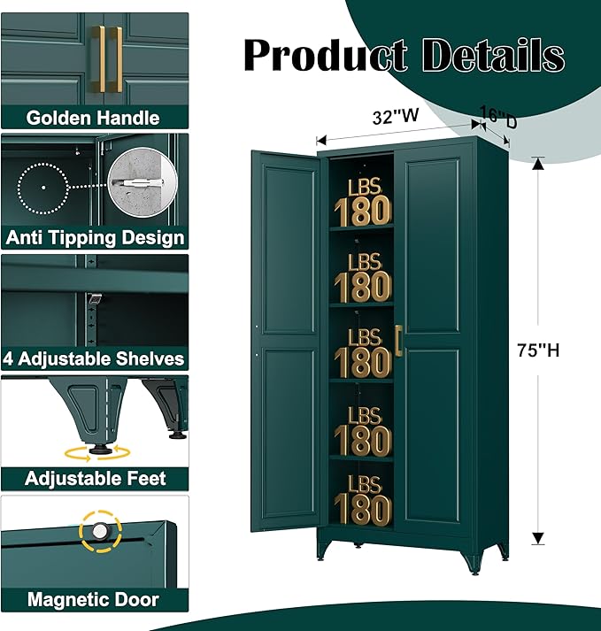 Kitchen Pantry Cabinet,75" Green Metal Storage Cabinets with Doors and 4 Adjustable Shelves,Kitchen Cabinet with 2 Gold Handles,Tall Cabinet for Livingroom,Pantry, Bathroom