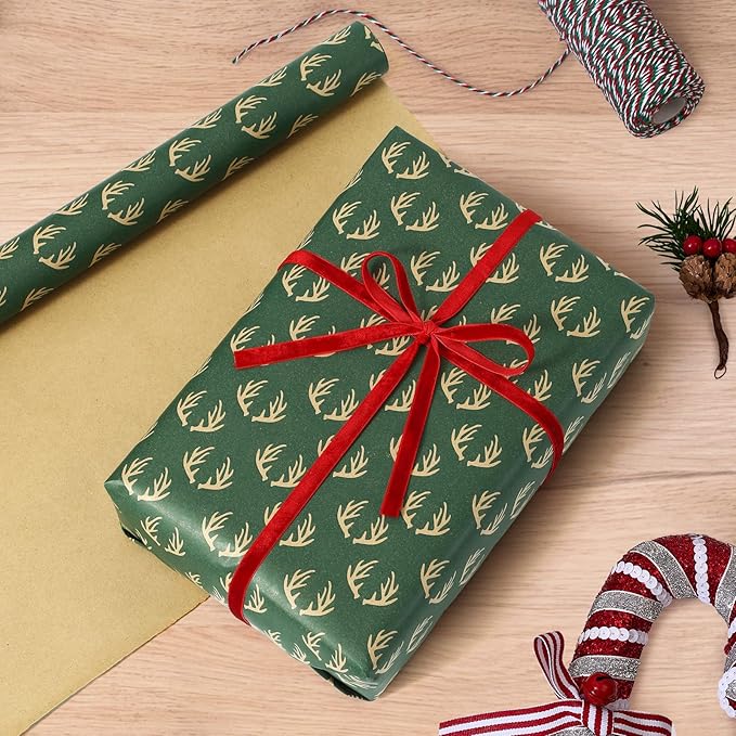 YANGTE Vintage Christmas Wrapping Paper - Brown Kraft Gift Wrap 4 Rolls, 17x120 Inch, Holiday Paper with Classic Brown and Red Patterns for Xmas Gifts