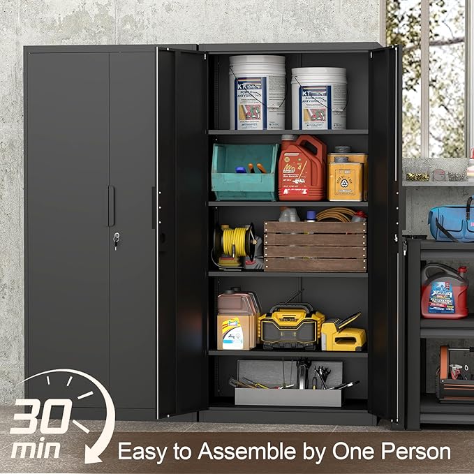 GREATMEET Metal Garage Storage Cabinets, 72" Tall Locking Cabinets with Doors and Shelves, Utility Cabinet with Lock for Garage, Home, Black