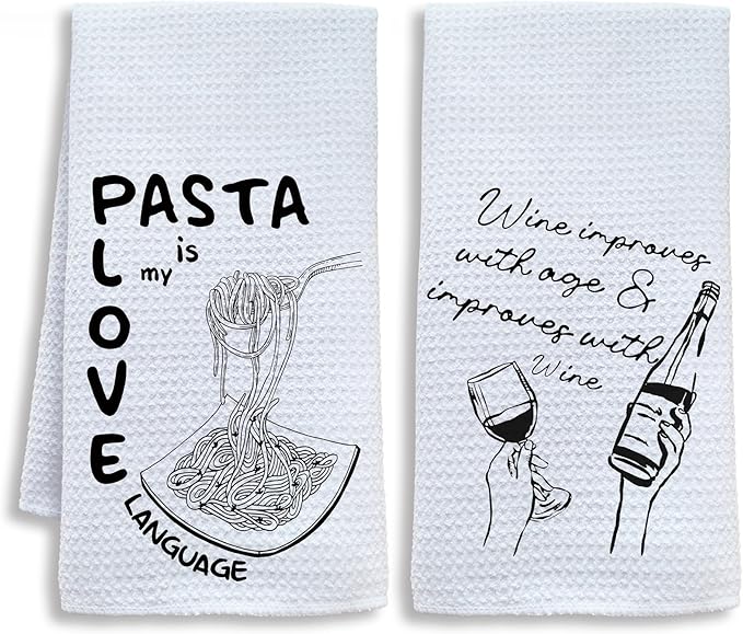 Funny Pasta Wine Kitchen Towels, Wine Gifts for Women Men Dish Tea Towels for Kitchen Bar Cart, Gifts for Pasta Lovers Decorative Hand Towel, 16x24 Inch Set of 2