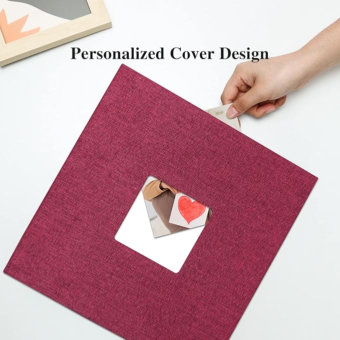 Vienrose Large Photo Album Self Adhesive for 4x6 8x10 10x12 Pictures Linen Scrapbook Album DIY 60 Blank Pages with A Metallic Pen Red