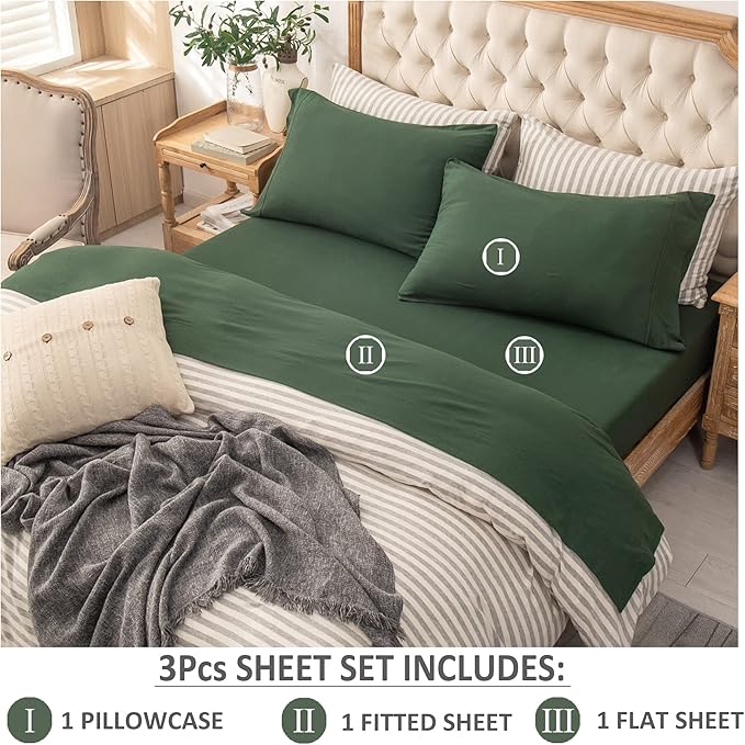 PURE ERA Jersey Knit 3pc Bed Sheet Set 100% T-Shirt Heather Cotton Super Soft Comfy Breathable Fits Mattress Up to 20" Extra Deep Pocket (Forest Green, Twin)