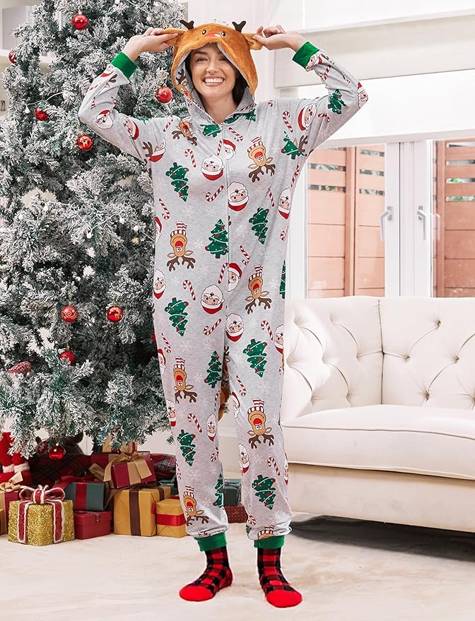 PATPAT Matching Family Christmas Onesie Pajamas – Holiday Hooded Jumpsuit Sleepwear PJs Couples Xmas Loungewear with Socks