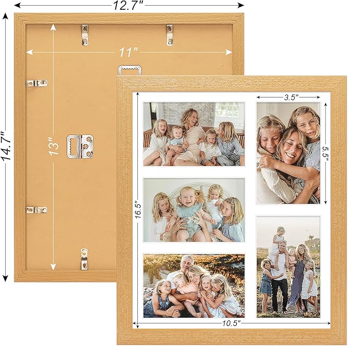 11x13 Collage frame with 5 Openings 4X6 Pictures, Multiple Picture Frame with Mat, Wall or Tabletop Decor, Natural Wood Grain,2 Pack
