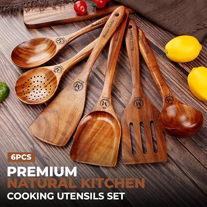 Personalized Wooden Cooking Spoons, Ladle and Spatula – Custom Engraved Teak Wood Utensils Set of 6, Ideal Gift for Housewarming, Christmas, Weddings & Friends