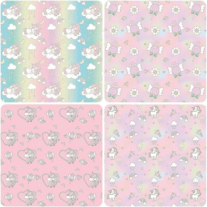 PlandRichW Unicorn Wrapping Paper Folded for Girls, Women Birthday 4 Princess Pink Designs of Rainbow, Fairy Wand, Diamond, for Holidays Baby Shower 12 Sheets 20 × 29 Inches