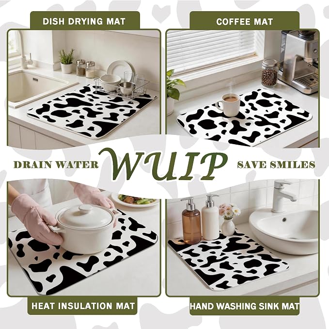 Cow Print Dish Drying Mats for Kitchen Counter, Black and White Cow Animal Print Absorbent Reversible Coffee Bar Mat Drying Pad for Kitchen Decor, 12x15 Inch