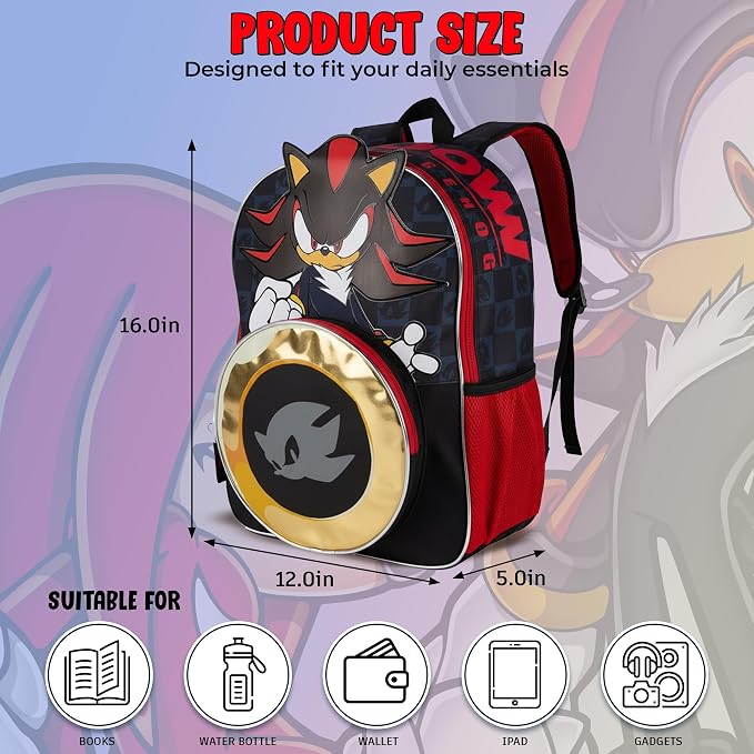 AI ACCESSORY INNOVATIONS Sonic The Hedgehog Backpack for Boys & Girls, Shadow 16 Inch Schoolbag with Die-cut Metallic Gold Ring Pocket, Black
