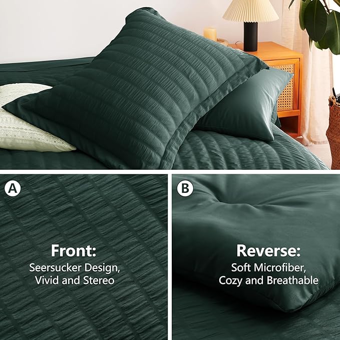 CozyLux King Size Comforter Set Forest Green Seersucker 7 Pieces Bed in a Bag King Comforter Set with Sheets, Luxury Bedding Set with Down Alternative Comforter, Sheets, Pillowcases & Shams All Season
