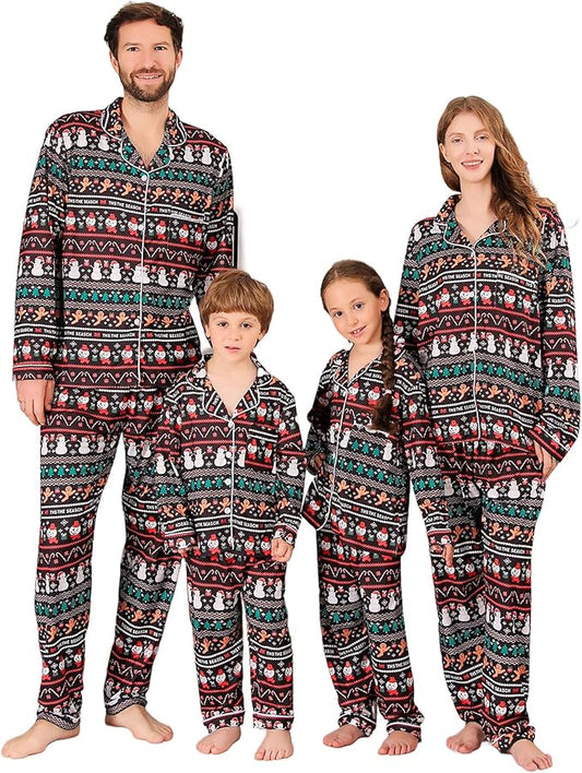 ANGELGGH Family Christmas PJs Matching Sets 2 Pcs Festival Party Pajamas Holiday Warm Sleepwear Couples Button Loungewear