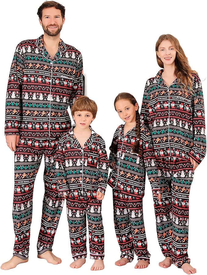 ANGELGGH Family Christmas PJs Matching Sets 2 Pcs Festival Party Pajamas Holiday Warm Sleepwear Couples Button Loungewear