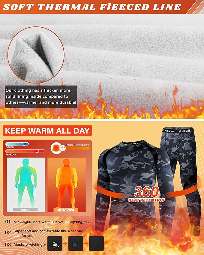 Muezna Men's Thermal Top and Bottom Set Underwear Long Johns Base Layer with Soft Fleece Lined