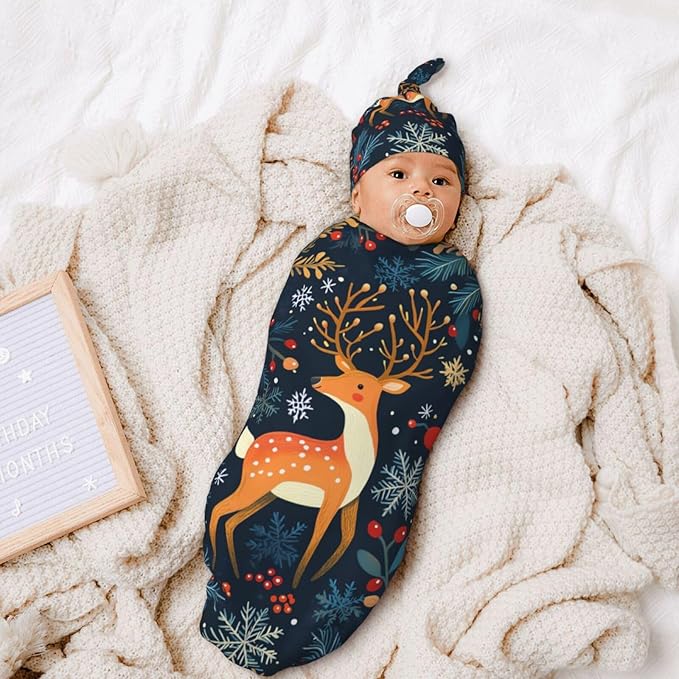Christmas Baby Swaddle Blanket and Hat Set for Newborn Boys Girls Soft Infant Wrap Sleep 0-6 Months Christmas Elk